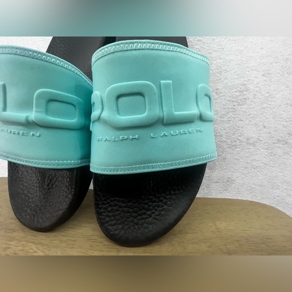 Polo Ralph Lauren Slides Mens Blue Black Spell Out Slide Rubber Sandal Casual 14 - Picture 2 of 6
